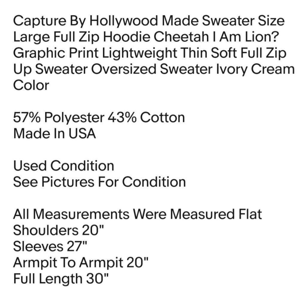 Capture By Hollywood Made Sweater Size Large Full Zip Hoodie Cheetah I Am Lion? - Picture 6 of 6
